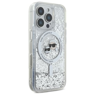 Étui Karl Lagerfeld pour iPhone 16 Pro 6.3'' étui rigide transparent Liquid Glitter Karl&Choupette Head Magsafe