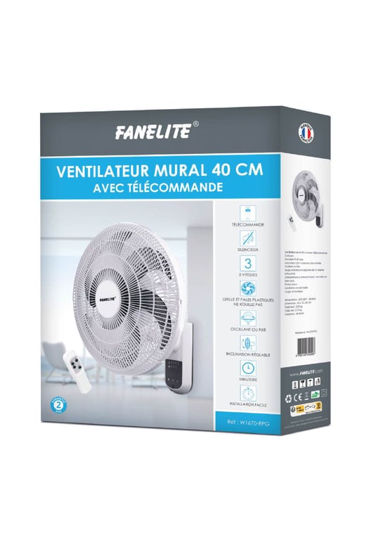 Fanelite Ventilateur mural W1670-RPG - Blanc - Hélice 40 cm - 3 vitesses - télécommande - Grille et hélice plastiques Blanc - vue 4