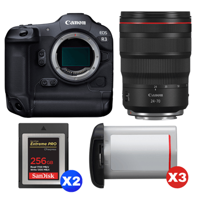 Appareil photo hybride Canon EOS R3 + RF 24-70mm f/2.8 L IS USM + 2 SanDisk 256GB Extreme PRO CFexpress Type B + 3 Canon LP-E19 + Ebook ''20 astuces pour des images qui claquent''