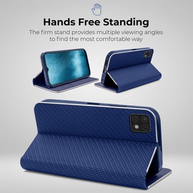 Moozy Étui Portefeuille pour Samsung A22 5G, Bleu Foncé Carbone - Étui à Rabat avec Bordure Métallique, Fermeture Magnétique, Flip Cover avec Porte-Cartes et Fonction Béquille