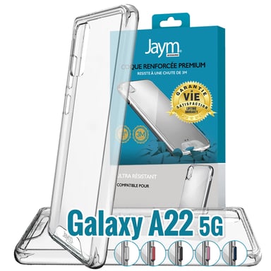 JAYM - Coque Ultra Renforcée Premium pour Samsung Galaxy A22 5G - Certifiée 3 Mètres de chute – Garantie à Vie - Transparente - 5 Jeux de Boutons de Couleurs Offerts