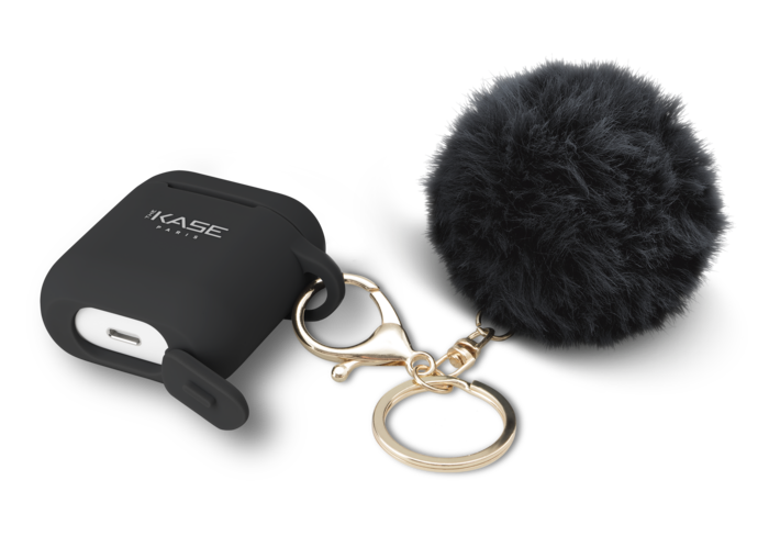 Pompon fashionista & Coque pour Apple AirPods avec Sangle à clips automatiques aimantés, Minuit noir