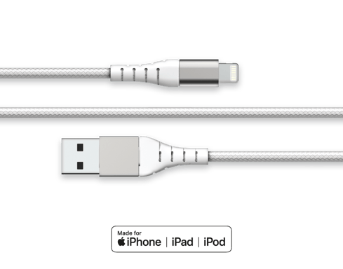 Câble Renforcé USB A/Lightning 2m 2.4A Garanti à vie Blanc Force Power Lite
