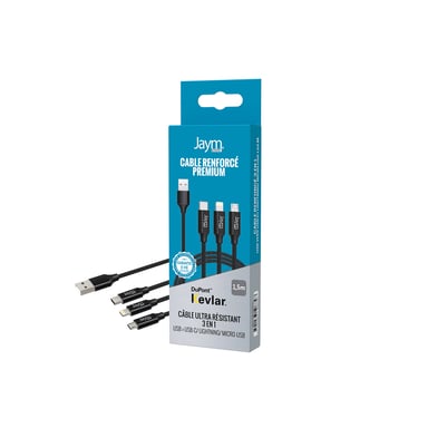 Jaym - Cable Premium 1,5 m - USB-A vers 3 Sorties : Lightning, Type-C et Micro USB - Garanti à Vie - Ultra renforcé - Longueur 1,5 mètres