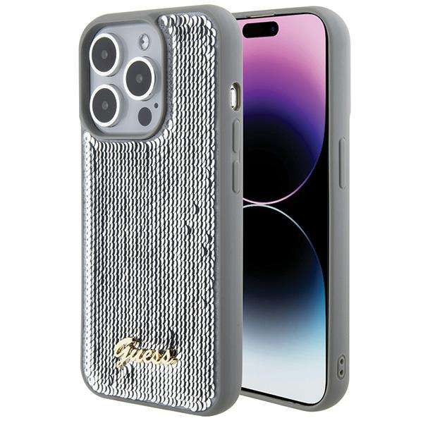 Guess Sequin Script Metal Coque pour iPhone 15 Pro