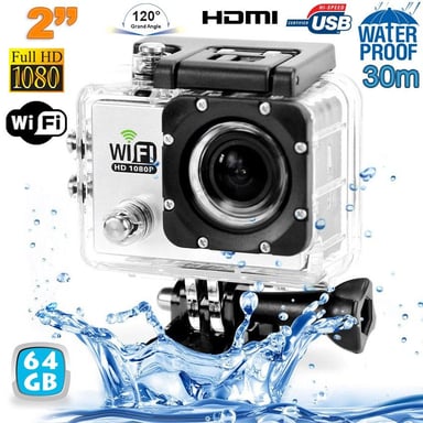 Camera Embarquée Sports Wi-Fi LCD Caisson Étanche Waterproof 12 Mp HD Blanc 64Go YONIS