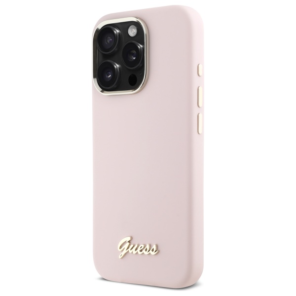 Guess Coque pour iPhone 16 Pro Max - Silicone Script Logo et cadre en métal (GUHCP16XSMSMBSLP)