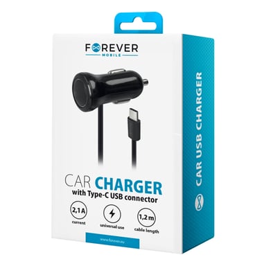 Chargeur Voiture 24W 2.1A avec Câble USB-C Compact et Léger Noir