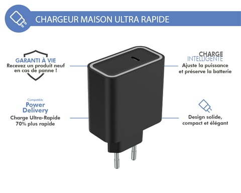 Chargeur maison USB C PD 45W Power Delivery Garanti à vie Noir Force Power Lite