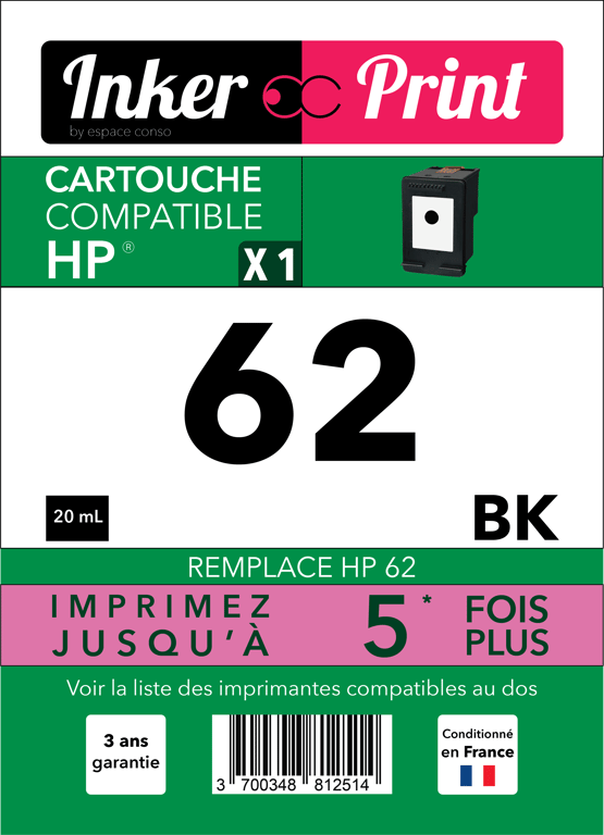Cartouche d'encre recyclée compatible avec HP 62 XL (Noir)
