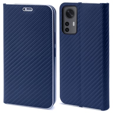 Moozy Étui Portefeuille pour Xiaomi 12 et Xiaomi 12X, Bleu Foncé Carbone - Étui à Rabat avec Bordure Métallique Fermeture Magnétique Flip Cover avec Porte-Cartes et Fonction Béquille