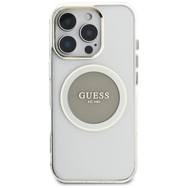 Étui Guess IML Metal Colored Circle Classic Logo MagSafe pour iPhone 16 Pro Max gris