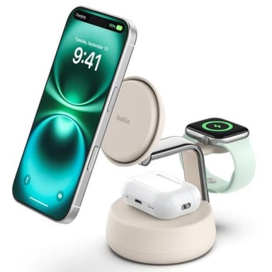 Station de recharge aimantée 3 en 1 Belkin UltraCharge Pro + câble et adaptateur secteur USB C Sable