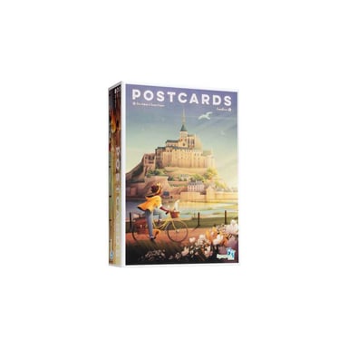 Jeu de stratégie Synapse Postcards boîte illustrée jeu familial cartes postales tons bleu pastel