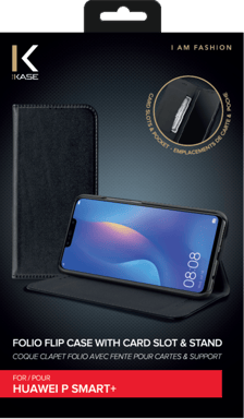 Funda tipo concha con ranura para tarjeta y soporte para Huawei P Smart+, Negro