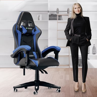 Silla gaming reclinable de cuero sintético con respaldo alto, reposacabezas y soporte lumbar - Azul