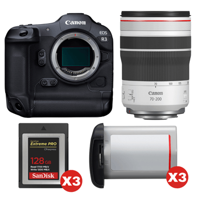 Appareil photo hybride Canon EOS R3 + RF 70-200mm f/4 L IS USM + 3 SanDisk 128GB Extreme PRO CFexpress Type B + 3 Canon LP-E19 + Ebook ''20 astuces pour des images qui claquent''