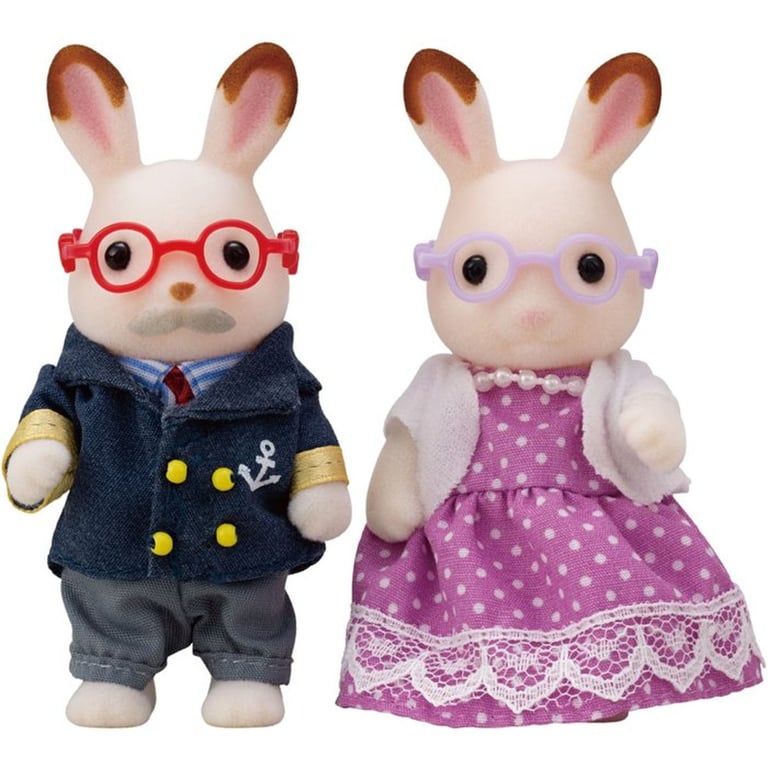 Figurines articulées Sylvanian Families Les Grands Parents Lapin Chocolat 5190 avec lunettes amovibles, set 4 pièces Bleu - Neuf