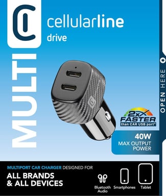 Cellularline Car Multipower DUO - iPhone, Samsung, Xiaomi, Oppo e altri smartphone e tablet Caricatore per auto con 2 porte USB-C