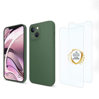 EVETANE Funda iPhone 13 Mini Silicona Líquida Taladro Verde + 2 Cristal Templado Antigolpes Protector de Pantalla