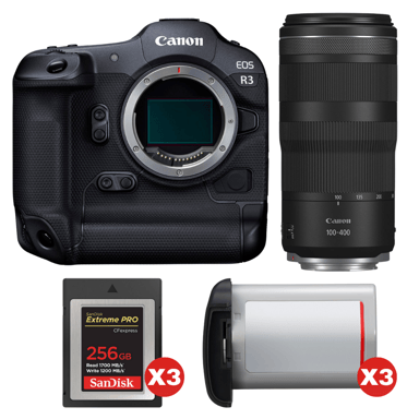 Appareil photo hybride Canon EOS R3 + RF 100-400mm f/5.6-8 IS USM + 3 SanDisk 256GB Extreme PRO CFexpress Type B + 3 Canon LP-E19 + Ebook ''20 astuces pour des images qui claquent''