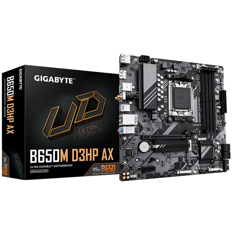 GIGABYTE B650M D3HP AX Carte mère - AMD Ryzen série 9000, VRM 5+2+2 phases, jusqu'à 7600 MHz DDR5 (OC), 2xPCIe 4.0 M.2, LAN 2,5 GbE, WIFI 6E, USB 3.2 Gen 1 - Neuf