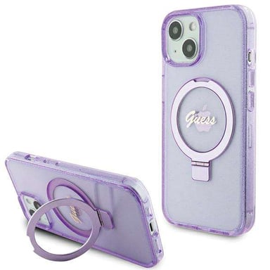 Custodia Guess per iPhone 15 6.1'' viola Custodia rigida Anello Stand Script Glitter MagSafe