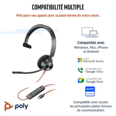 Poly Micro-casque Blackwire 3310 monaural USB-C + adaptateur USB-C/A