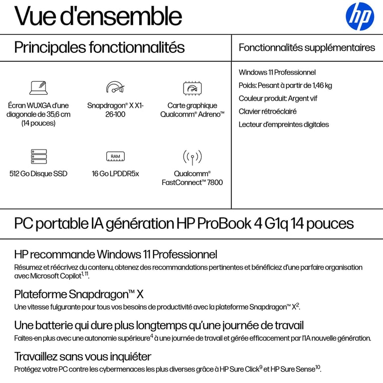 HP ProBook 4 G1q Notebook Next Gen AI 14 Snapdragon X X1 26 100 RAM SSD AZERTY - vue 5