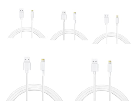 Lot de 5 Câbles USB vers Lightning pour iPhone 13/12/11/X/XS/XR/8 - blanc, 1,20 m