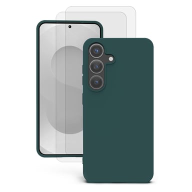 EVETANE Coque Samsung Galaxy S25 + Silicone Liquide Verte + 2 Vitres en Verre Trempé Protection écran