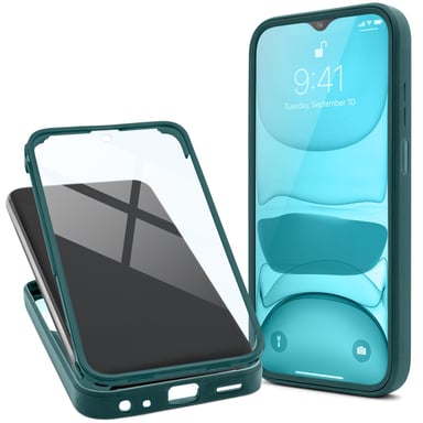 Moozy 360 Coque pour Samsung A22 5G - Coque transparente à bord vert, protection intégrale double face, coque avec protecteur d'écran intégré