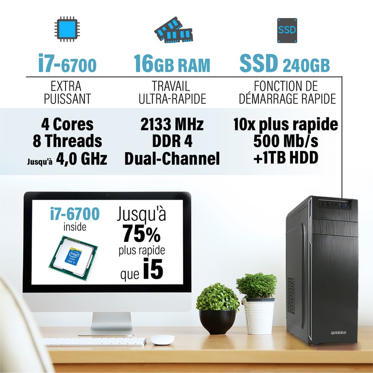 Greed Multimedia 7 Office PC / Ordinateur de bureau Intel Core i7 6700 Home Office Tour Computer avec DDR4 RAM 4 0 GHz 240 GO SSD + HDD DVD+RW USB 3.1 WiFi incl. Windows 11 Pro Neuf - vue 2