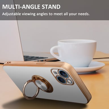 Coque pour Apple iPhone 14 PLUS en Glossy Blanc - Or avec anneau Housse de protection Étui en silicone TPU flexible, avec protection pour appareil photo et support voiture magnétique