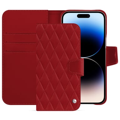 Housse cuir Apple iPhone 15 Pro Max - Rabat portefeuille - Rouge - Cuir lisse couture