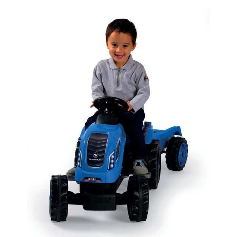 Tracteur à pédales SMOBY Farmer XL avec remorque détachable Bleu, siège réglable 3 positions, roue de direction avec klaxon - Neuf