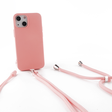 Funda de silicona rosa Pop para Apple iPhone 14 Plus - Incluye correa para el cuello y muñequera
