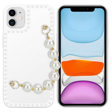 Coque pour Apple iPhone 11 en Blanc avec perles Housse de protection Étui en silicone TPU flexible et avec tour de cou chaîne de poignet