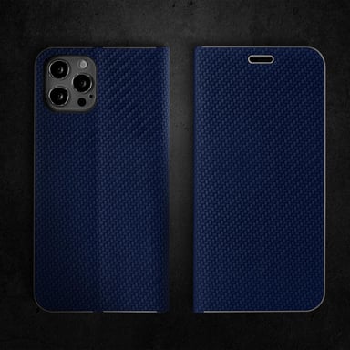 Moozy Étui Portefeuille pour iPhone 13 Pro, Bleu Foncé Carbone - Étui à Rabat avec Bordure Métallique, Fermeture Magnétique, Flip Cover avec Porte-Cartes et Fonction Béquille