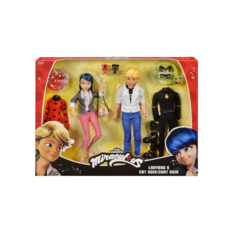 Pack 2 figurines Miraculous Marinette & Adrien 26 cm articulées + 2 tenues super héros et accessoires Neuf