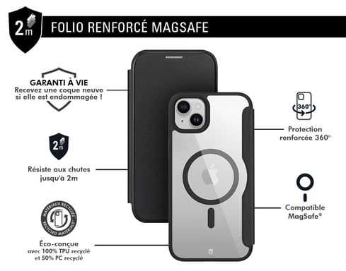 Folio renforcé MagSafe iPhone 15 2m Noir + Garantie à vie Force Case