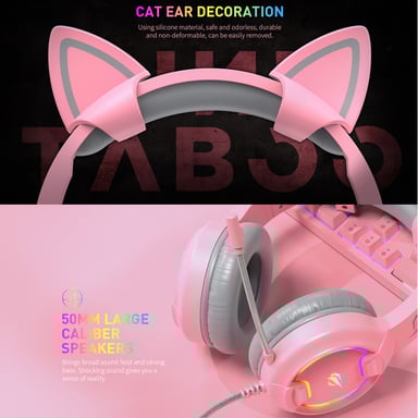 GAMENOTE H2233d Cuffie da gioco rosa da ragazza con orecchie da gatto e illuminazione RGB per PC e console - altoparlante da 50 mm