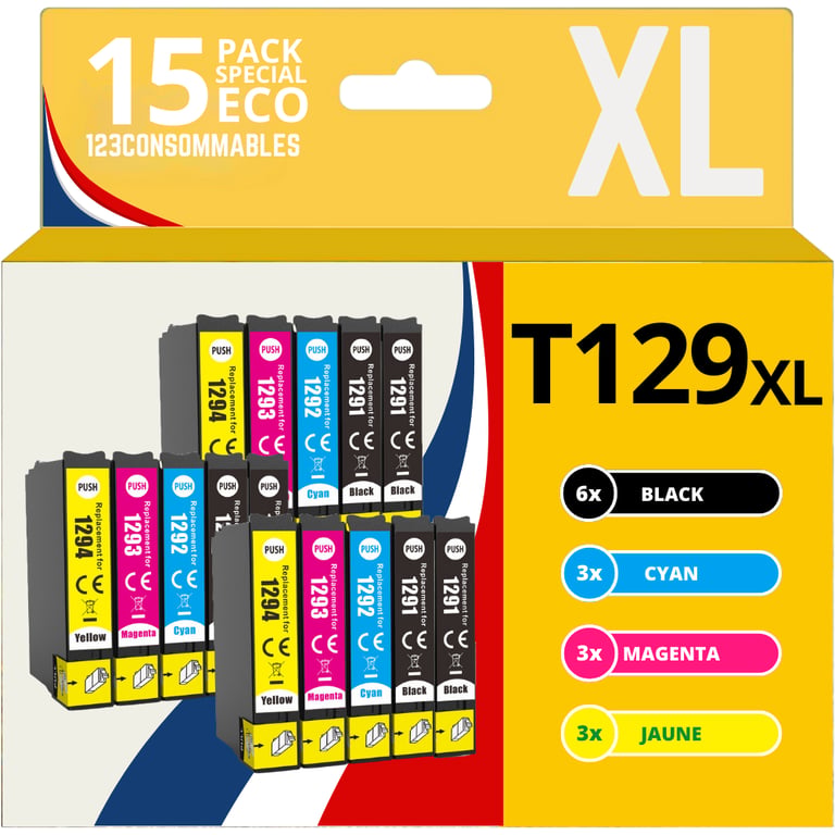 123CONSOMMABLES T1295 Cartouches Encre Compatible avec Epson T1295 pour Stylus SX525WD SX535WD SX425W SX230W Office BX635FWD BX305FW Workforce WF 3520 3 / 3 Cyan / 3 / 3 Jaune Neuf