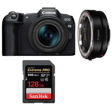 Appareil photo hybride Canon EOS R8 + RF 24-50mm IS STM + EF-EOS R + 1 SanDisk 128GB Extreme PRO UHS-II + Ebook ''20 astuces pour des images qui claquent''