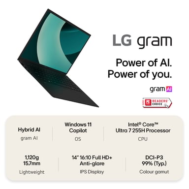 LG Gram 14Z90T-G.AA75A1 laptop Intel Core Ultra 7 255H Ultraportable 35,6 cm (14'') Full HD+ 16 Go LPDDR5x-SDRAM 512 Go SSD Wi-Fi 6E (802.11ax) Windows 11 Home Anglais britannique Noir
