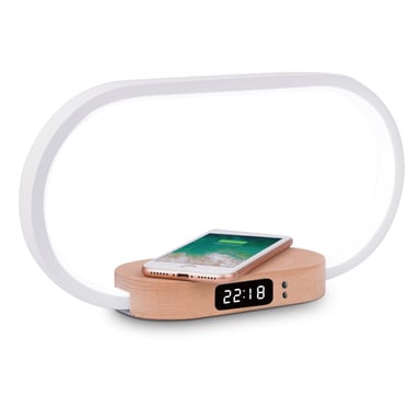 Lámpara de mesilla de noche con cargador de inducción de 10 W, luminosidad regulable, 1 puerto USB para carga, indicador de hora, en aluminio y madera