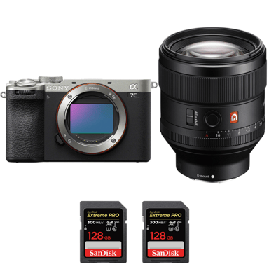 Cámara híbrida Sony A7C II Silver + FE 85mm f/1.4 GM + 2 SanDisk 128GB Extreme PRO UHS-II + Ebook ''20 consejos para fotos que impactan''