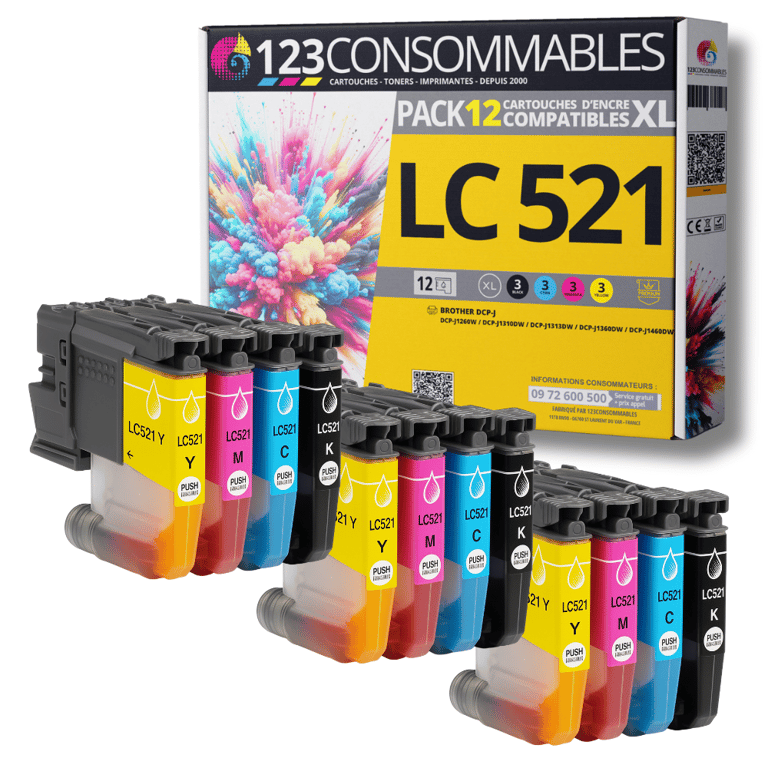 123CONSOMMABLES LC521 Pack de 12 Cartouches Encre Compatible avec Brother LC 521 pour Brother DC Neuf