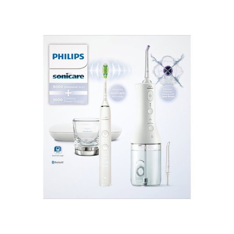 Philips Sonicare DiamondClean 9000 Power Flosser Combo HX3886/41 Blanc brossage ultrasonique et hydropulseur sans fil - Neuf