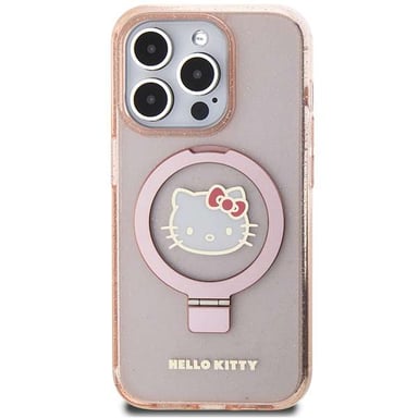 Custodia Hello Kitty per iPhone 15 Pro 6.1'' rosa Custodia rigida Ring Stand Glitter Electrop Logo MagSafe
